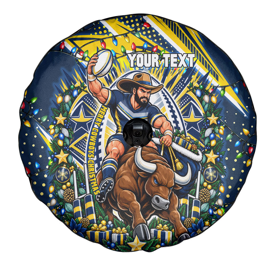 Personalized North Queensland Cowboys Rugby Christmas Spare Tire Cover Holiday Mascot Graphic Art Festive Lights Bow