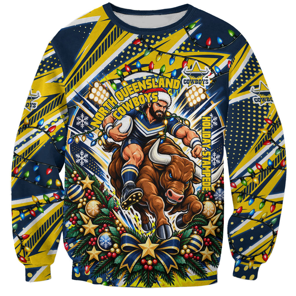Personalized North Queensland Cowboys Rugby Christmas Sweatshirt Holiday Mascot Graphic Art Festive Lights Bow