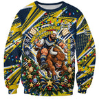 Personalized North Queensland Cowboys Rugby Christmas Sweatshirt Holiday Mascot Graphic Art Festive Lights Bow