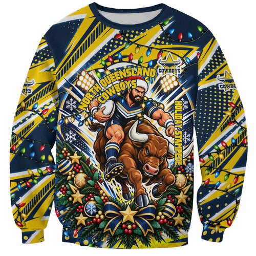 Personalized North Queensland Cowboys Rugby Christmas Sweatshirt Holiday Mascot Graphic Art Festive Lights Bow