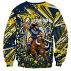 Personalized North Queensland Cowboys Rugby Christmas Sweatshirt Holiday Mascot Graphic Art Festive Lights Bow