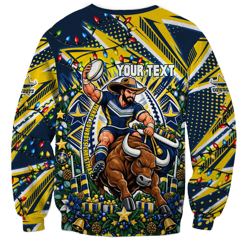 Personalized North Queensland Cowboys Rugby Christmas Sweatshirt Holiday Mascot Graphic Art Festive Lights Bow