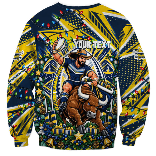 Personalized North Queensland Cowboys Rugby Christmas Sweatshirt Holiday Mascot Graphic Art Festive Lights Bow