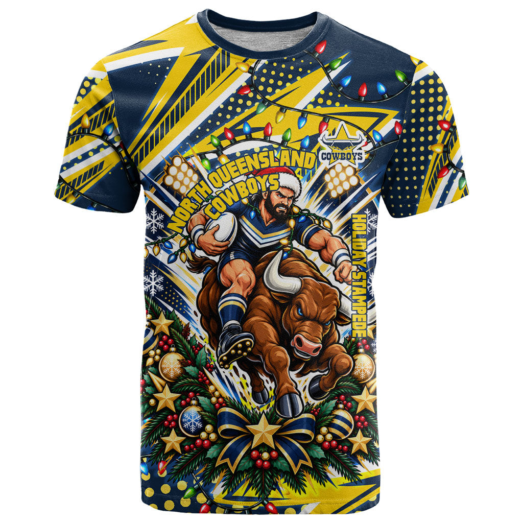Personalized North Queensland Cowboys Rugby Christmas T Shirt Holiday Mascot Graphic Art Festive Lights Bow