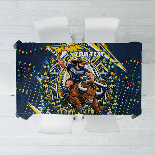 Personalized North Queensland Cowboys Rugby Christmas Tablecloth Holiday Mascot Graphic Art Festive Lights Bow