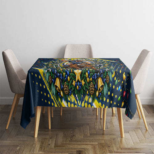 Personalized North Queensland Cowboys Rugby Christmas Tablecloth Holiday Mascot Graphic Art Festive Lights Bow