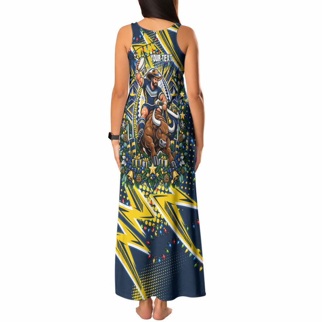 Personalized North Queensland Cowboys Rugby Christmas Tank Maxi Dress Holiday Mascot Graphic Art Festive Lights Bow