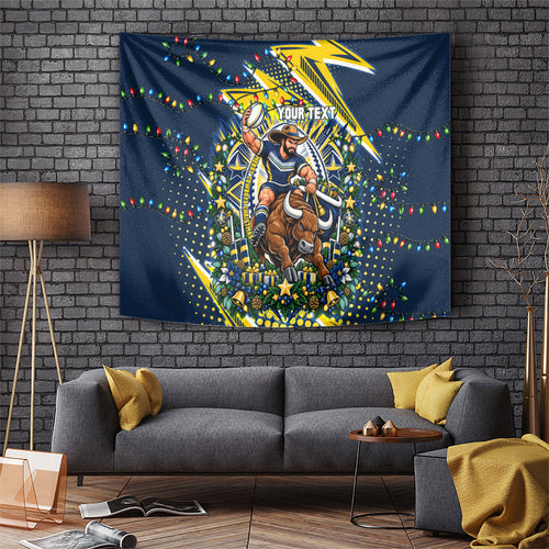Personalized North Queensland Cowboys Rugby Christmas Tapestry Holiday Mascot Graphic Art Festive Lights Bow