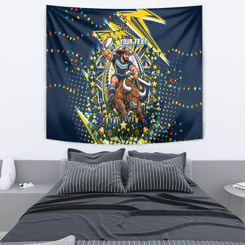 Personalized North Queensland Cowboys Rugby Christmas Tapestry Holiday Mascot Graphic Art Festive Lights Bow