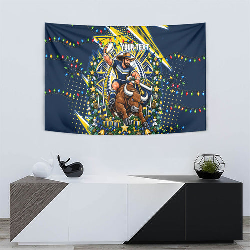 Personalized North Queensland Cowboys Rugby Christmas Tapestry Holiday Mascot Graphic Art Festive Lights Bow