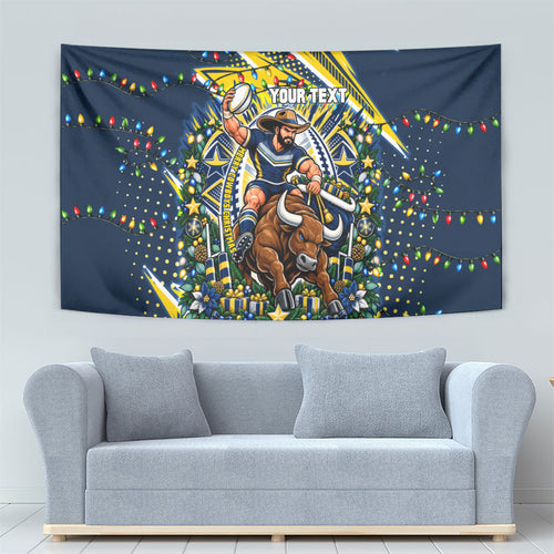 Personalized North Queensland Cowboys Rugby Christmas Tapestry Holiday Mascot Graphic Art Festive Lights Bow