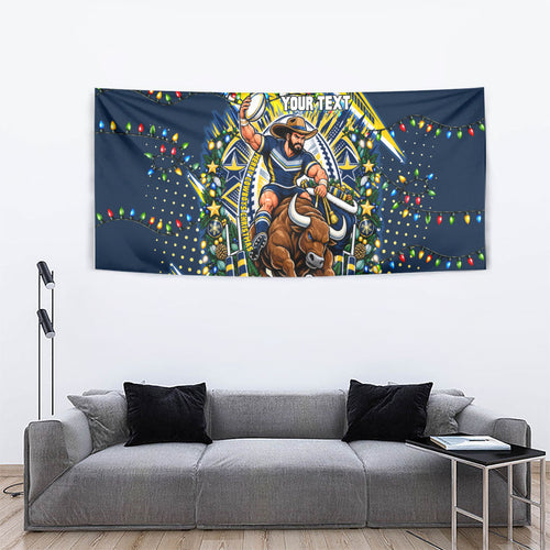 Personalized North Queensland Cowboys Rugby Christmas Tapestry Holiday Mascot Graphic Art Festive Lights Bow