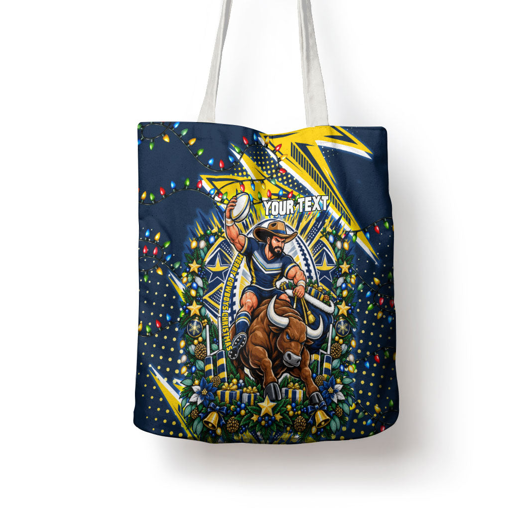 Personalized North Queensland Cowboys Rugby Christmas Tote Bag Holiday Mascot Graphic Art Festive Lights Bow