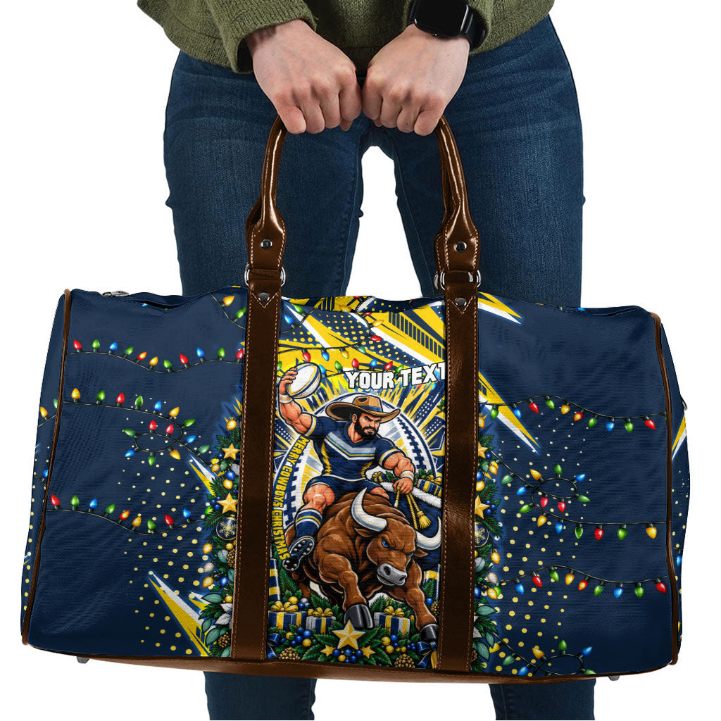 Personalized North Queensland Cowboys Rugby Christmas Travel Bag Holiday Mascot Graphic Art Festive Lights Bow