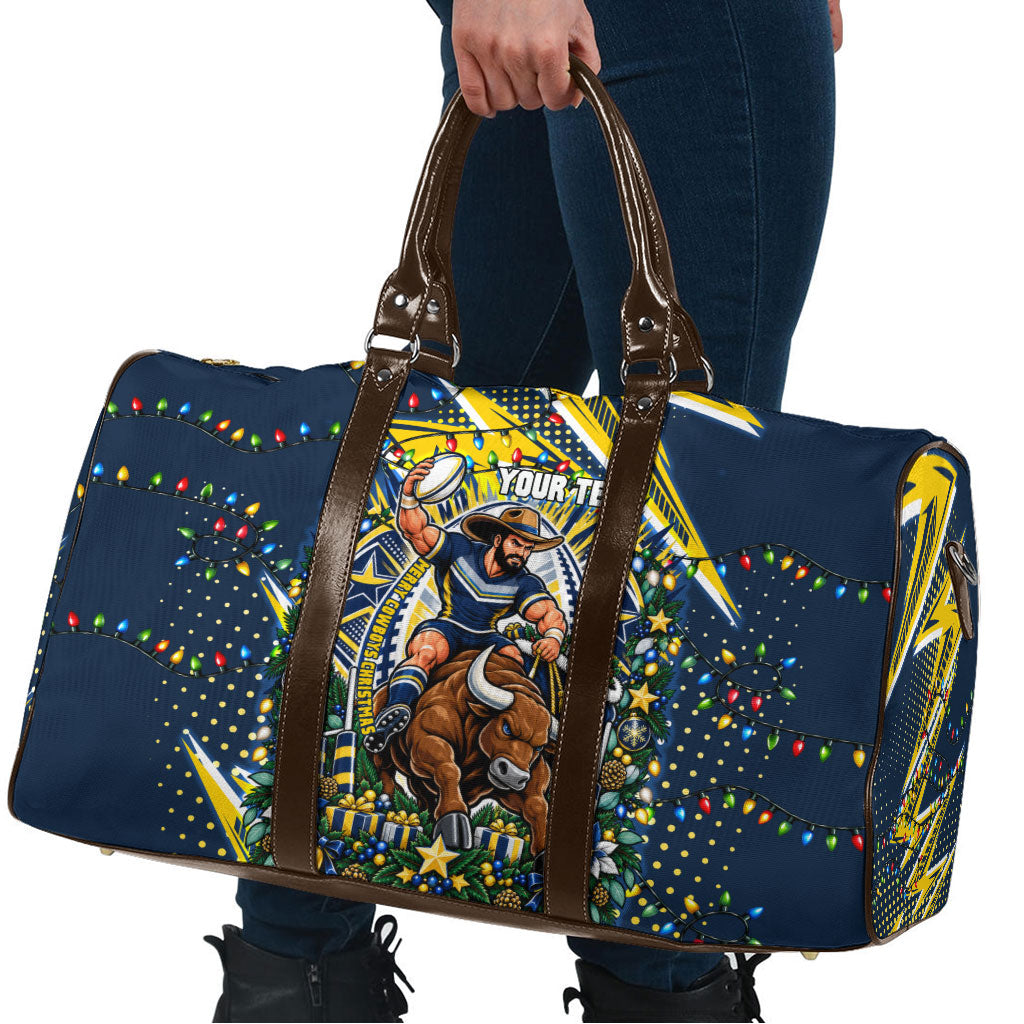 Personalized North Queensland Cowboys Rugby Christmas Travel Bag Holiday Mascot Graphic Art Festive Lights Bow