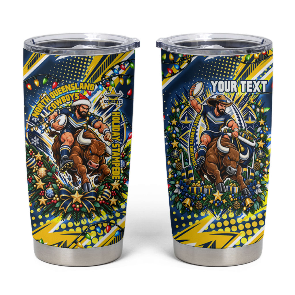 Personalized North Queensland Cowboys Rugby Christmas Tumbler Cup Holiday Mascot Graphic Art Festive Lights Bow