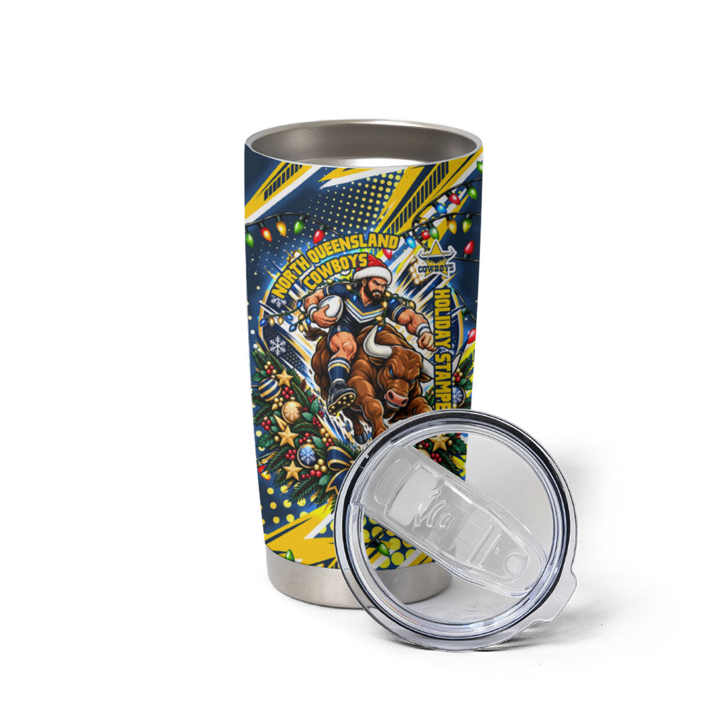 Personalized North Queensland Cowboys Rugby Christmas Tumbler Cup Holiday Mascot Graphic Art Festive Lights Bow