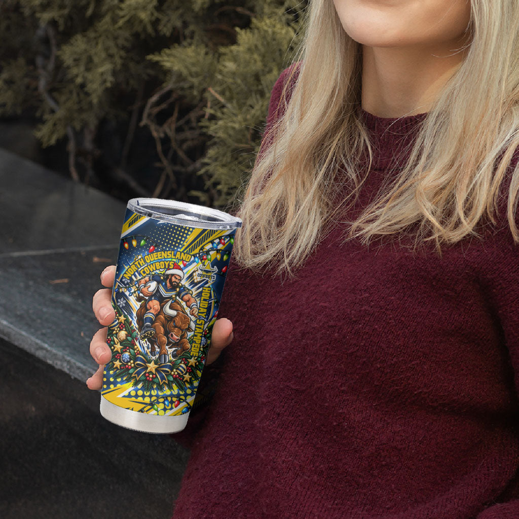 Personalized North Queensland Cowboys Rugby Christmas Tumbler Cup Holiday Mascot Graphic Art Festive Lights Bow