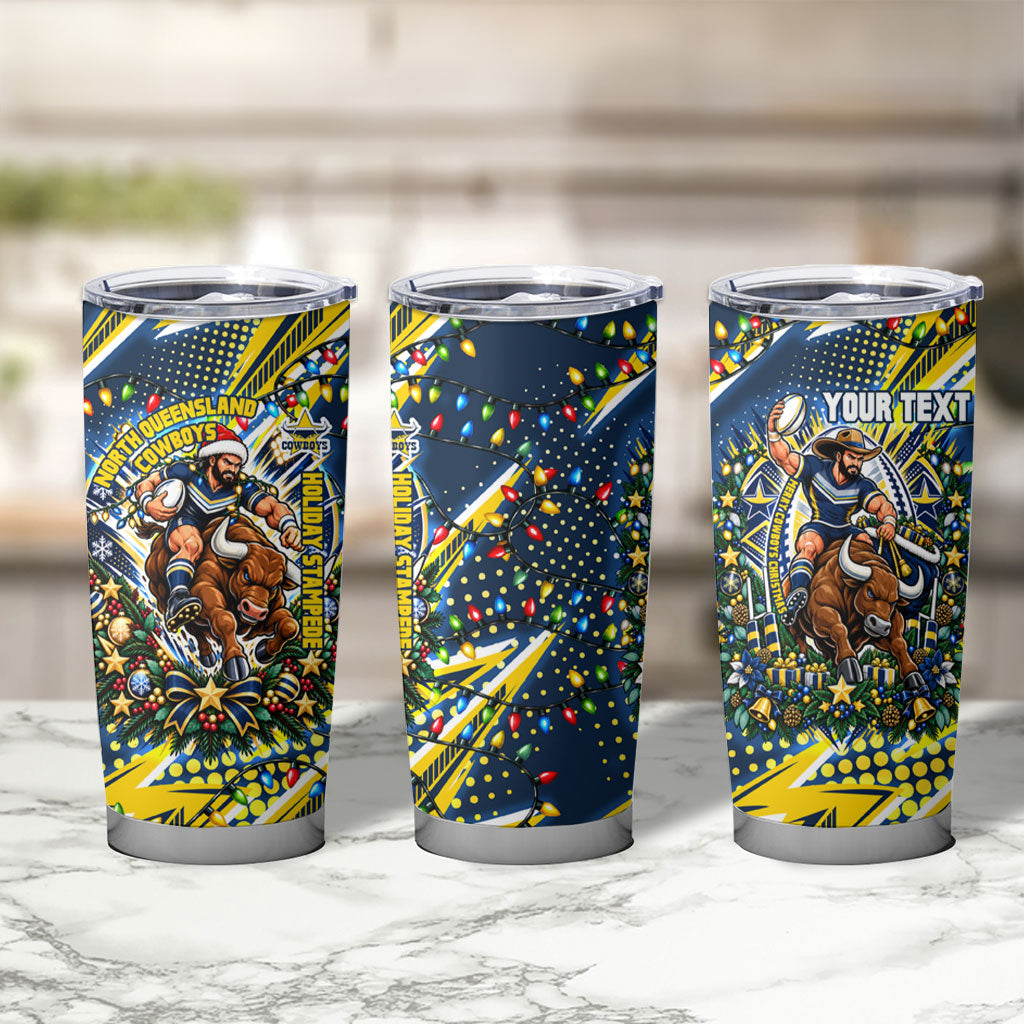 Personalized North Queensland Cowboys Rugby Christmas Tumbler Cup Holiday Mascot Graphic Art Festive Lights Bow