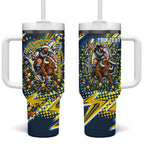 Personalized North Queensland Cowboys Rugby Christmas Tumbler With Handle Holiday Mascot Graphic Art Festive Lights Bow