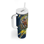 Personalized North Queensland Cowboys Rugby Christmas Tumbler With Handle Holiday Mascot Graphic Art Festive Lights Bow