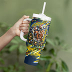 Personalized North Queensland Cowboys Rugby Christmas Tumbler With Handle Holiday Mascot Graphic Art Festive Lights Bow