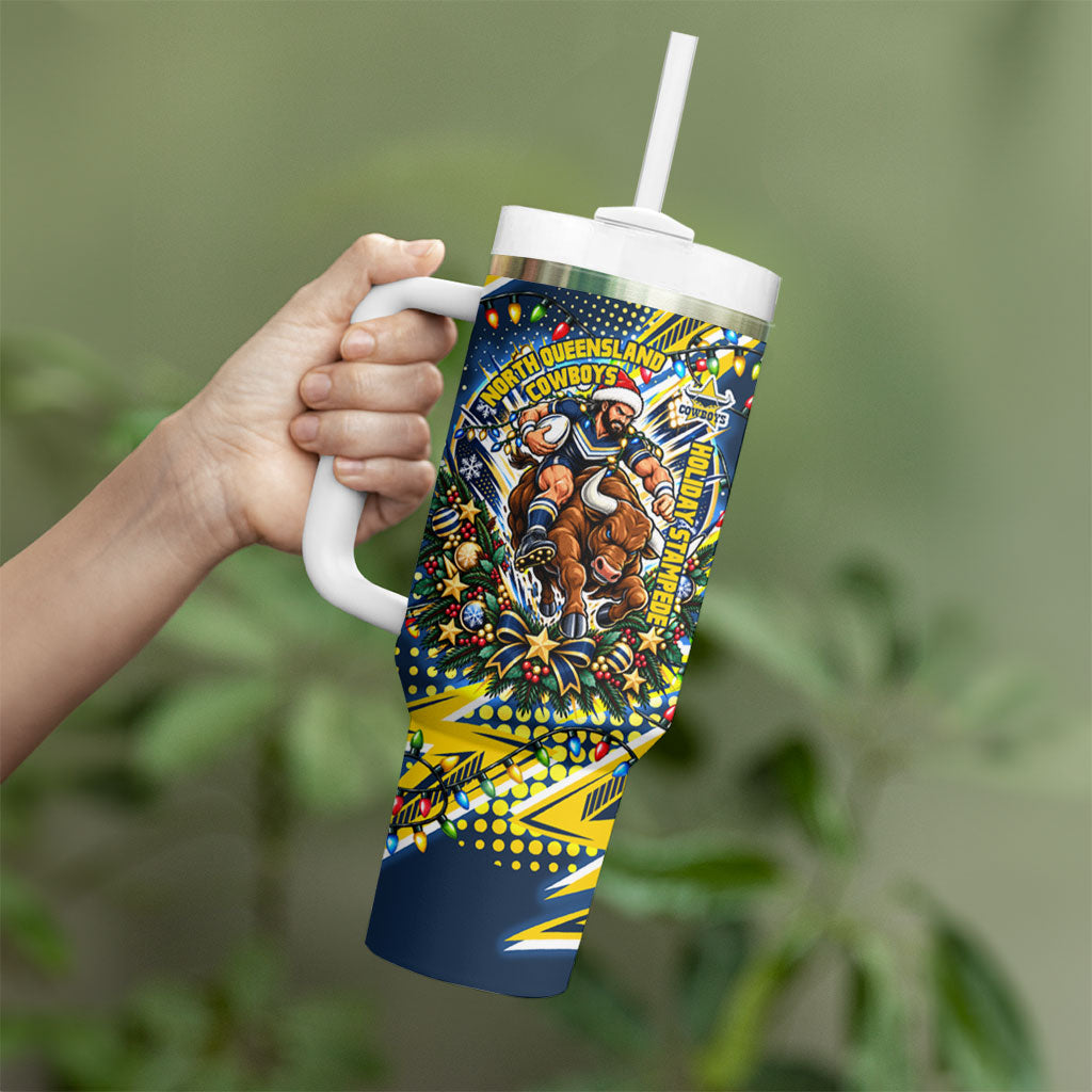 Personalized North Queensland Cowboys Rugby Christmas Tumbler With Handle Holiday Mascot Graphic Art Festive Lights Bow