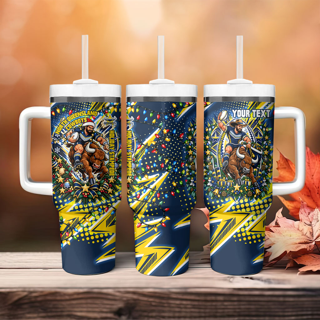 Personalized North Queensland Cowboys Rugby Christmas Tumbler With Handle Holiday Mascot Graphic Art Festive Lights Bow