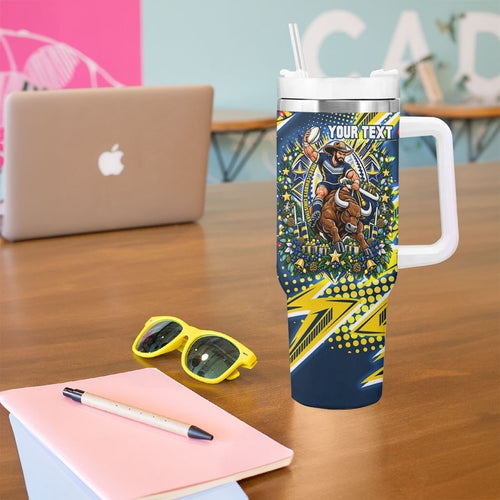 Personalized North Queensland Cowboys Rugby Christmas Tumbler With Handle Holiday Mascot Graphic Art Festive Lights Bow