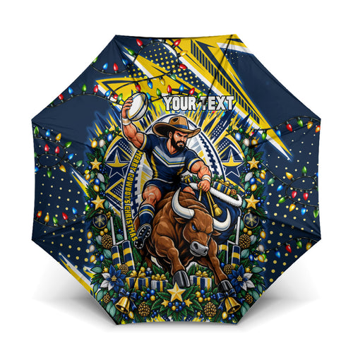 Personalized North Queensland Cowboys Rugby Christmas Umbrella Holiday Mascot Graphic Art Festive Lights Bow