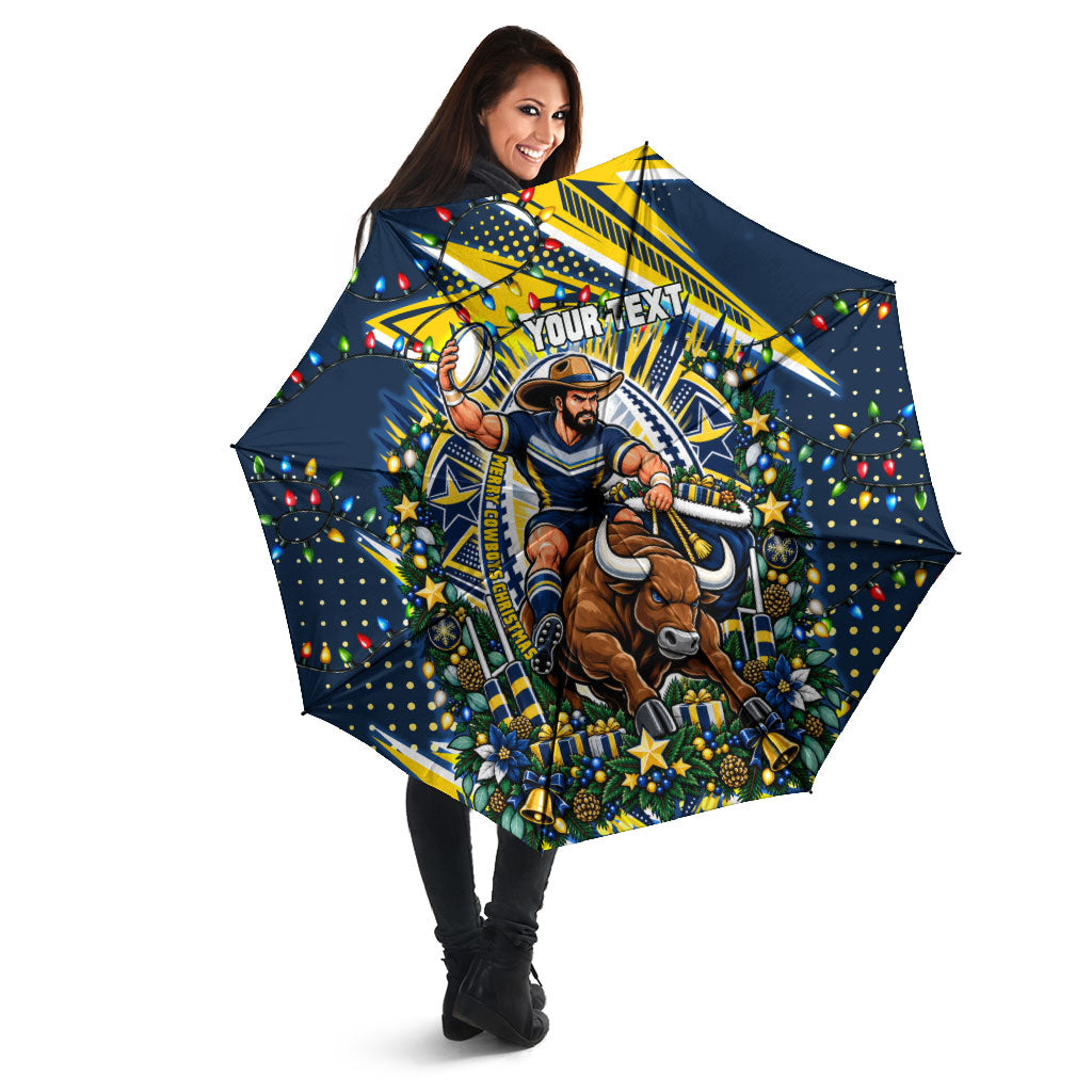 Personalized North Queensland Cowboys Rugby Christmas Umbrella Holiday Mascot Graphic Art Festive Lights Bow