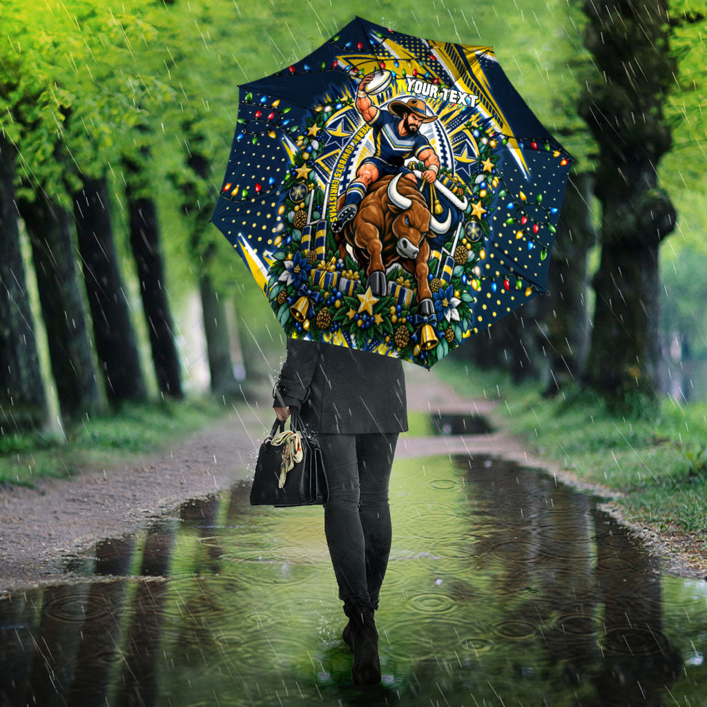 Personalized North Queensland Cowboys Rugby Christmas Umbrella Holiday Mascot Graphic Art Festive Lights Bow