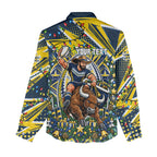 Personalized North Queensland Cowboys Rugby Christmas Women Casual Shirt Holiday Mascot Graphic Art Festive Lights Bow