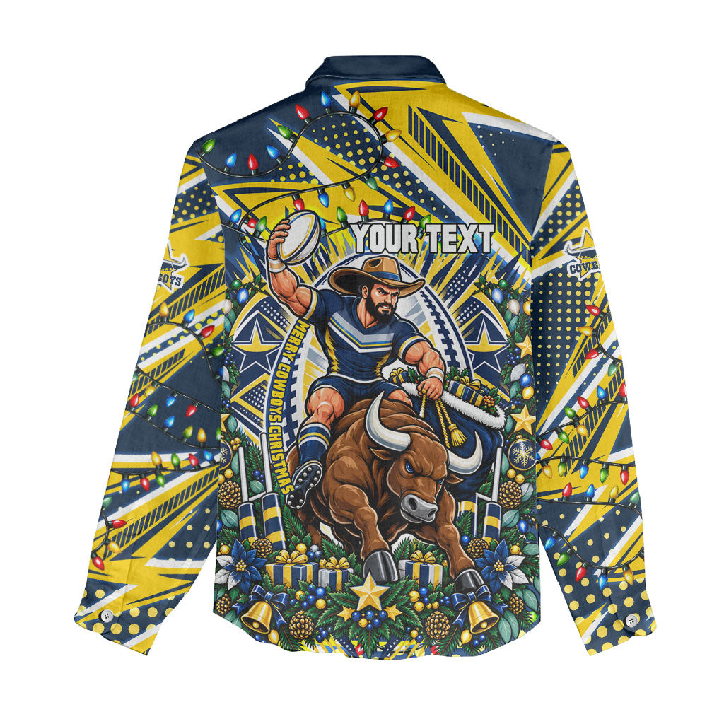 Personalized North Queensland Cowboys Rugby Christmas Women Casual Shirt Holiday Mascot Graphic Art Festive Lights Bow