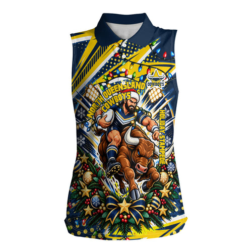 Personalized North Queensland Cowboys Rugby Christmas Women Sleeveless Polo Shirt Holiday Mascot Graphic Art Festive Lights Bow