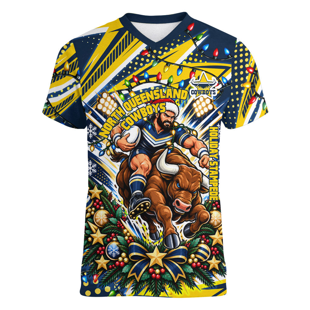 Personalized North Queensland Cowboys Rugby Christmas Women V-Neck T-Shirt Holiday Mascot Graphic Art Festive Lights Bow