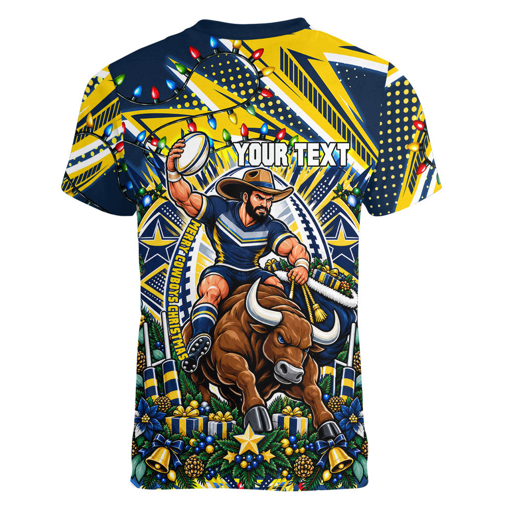 Personalized North Queensland Cowboys Rugby Christmas Women V-Neck T-Shirt Holiday Mascot Graphic Art Festive Lights Bow