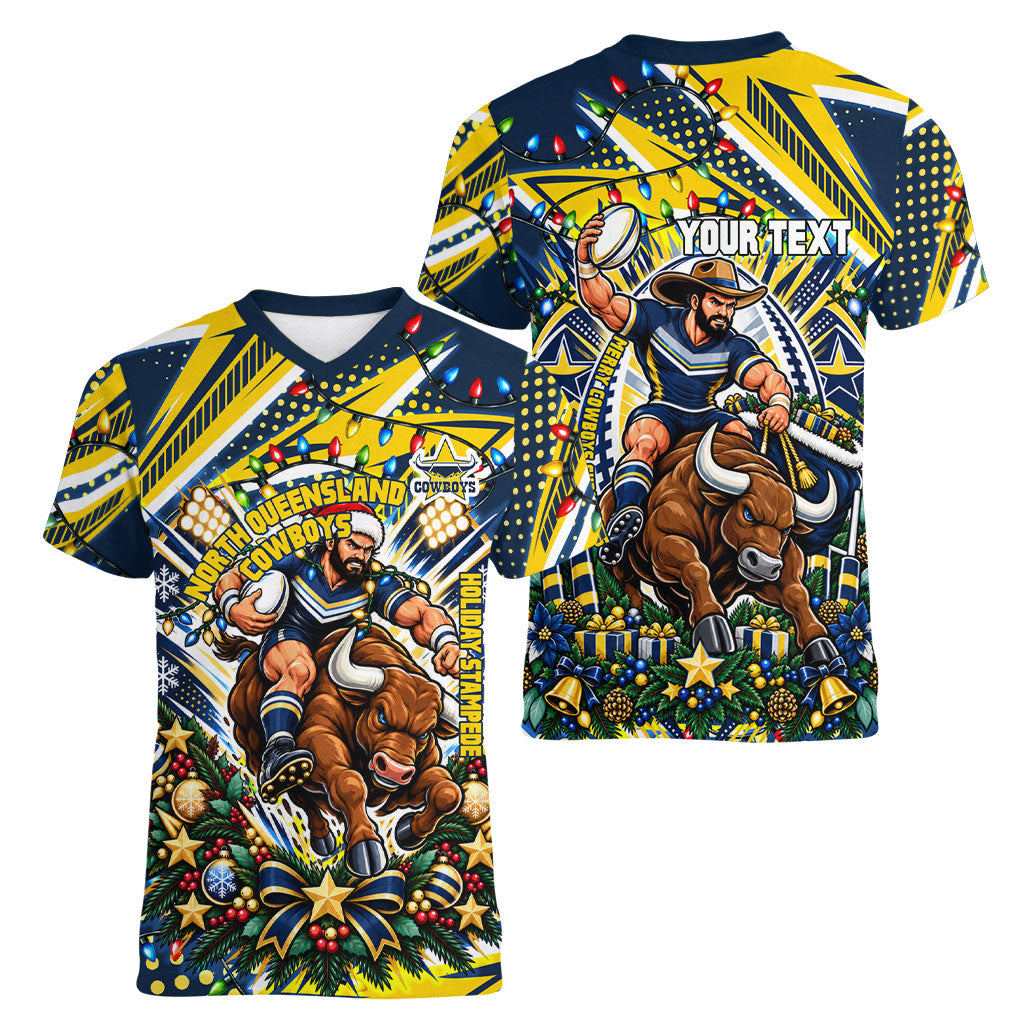 Personalized North Queensland Cowboys Rugby Christmas Women V-Neck T-Shirt Holiday Mascot Graphic Art Festive Lights Bow