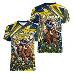 Personalized North Queensland Cowboys Rugby Christmas Women V-Neck T-Shirt Holiday Mascot Graphic Art Festive Lights Bow