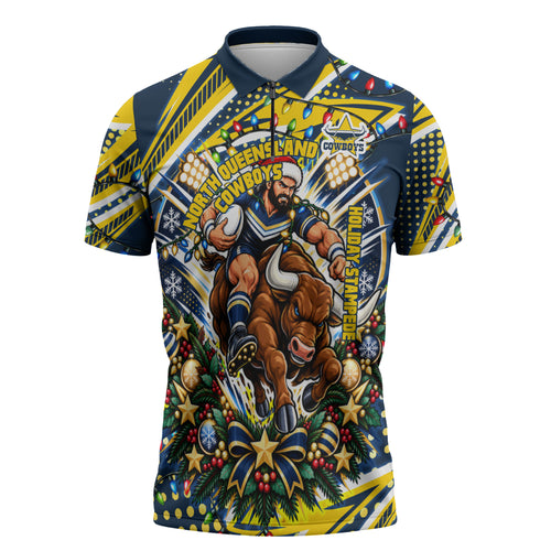 Personalized North Queensland Cowboys Rugby Christmas Zipper Polo Shirt Holiday Mascot Graphic Art Festive Lights Bow