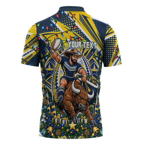 Personalized North Queensland Cowboys Rugby Christmas Zipper Polo Shirt Holiday Mascot Graphic Art Festive Lights Bow
