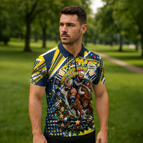 Personalized North Queensland Cowboys Rugby Christmas Zipper Polo Shirt Holiday Mascot Graphic Art Festive Lights Bow