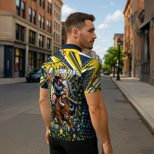 Personalized North Queensland Cowboys Rugby Christmas Zipper Polo Shirt Holiday Mascot Graphic Art Festive Lights Bow