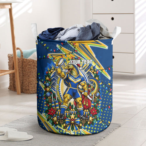 Personalized Parramatta Eels Rugby Christmas Laundry Basket Holiday Mascot Graphic Art Festive Lights Bow
