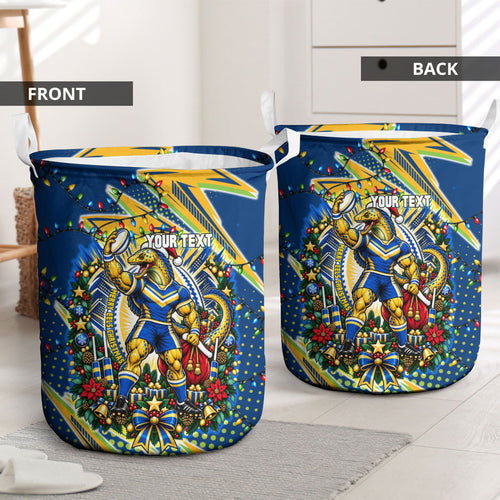 Personalized Parramatta Eels Rugby Christmas Laundry Basket Holiday Mascot Graphic Art Festive Lights Bow
