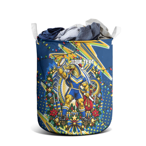 Personalized Parramatta Eels Rugby Christmas Laundry Basket Holiday Mascot Graphic Art Festive Lights Bow