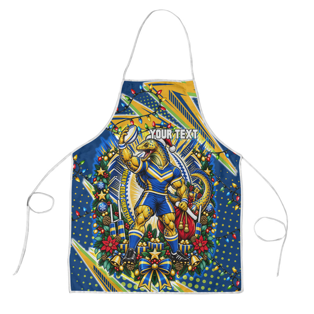 Personalized Parramatta Eels Rugby Christmas Apron Holiday Mascot Graphic Art Festive Lights Bow