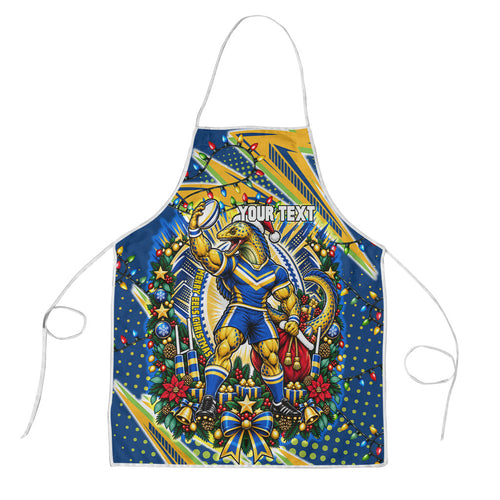 Personalized Parramatta Eels Rugby Christmas Apron Holiday Mascot Graphic Art Festive Lights Bow