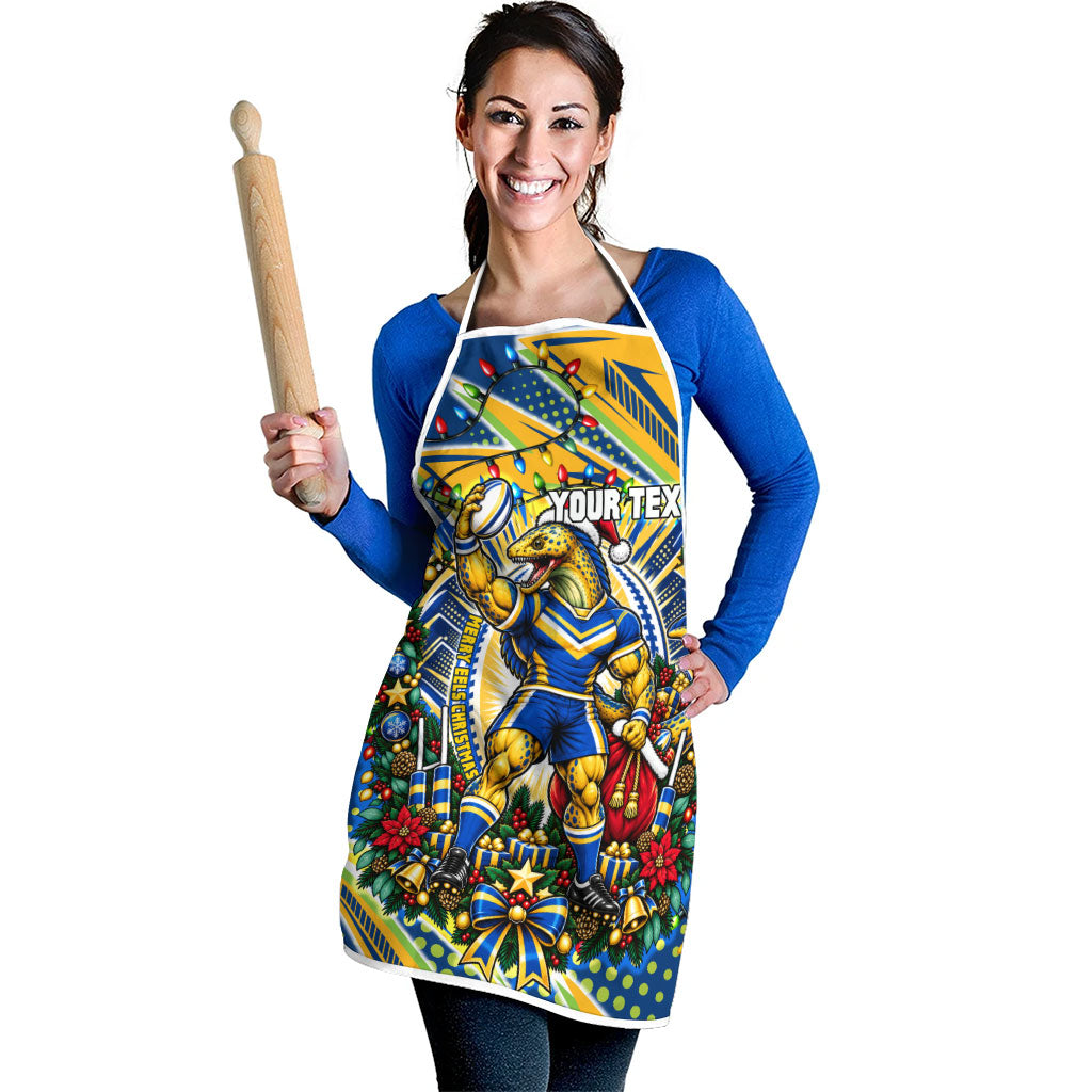 Personalized Parramatta Eels Rugby Christmas Apron Holiday Mascot Graphic Art Festive Lights Bow