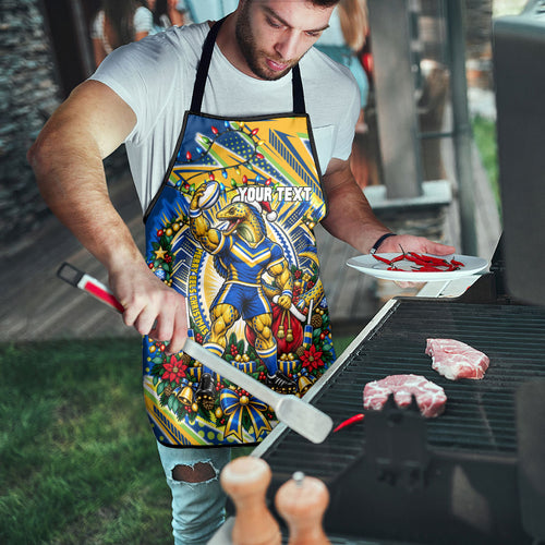 Personalized Parramatta Eels Rugby Christmas Apron Holiday Mascot Graphic Art Festive Lights Bow